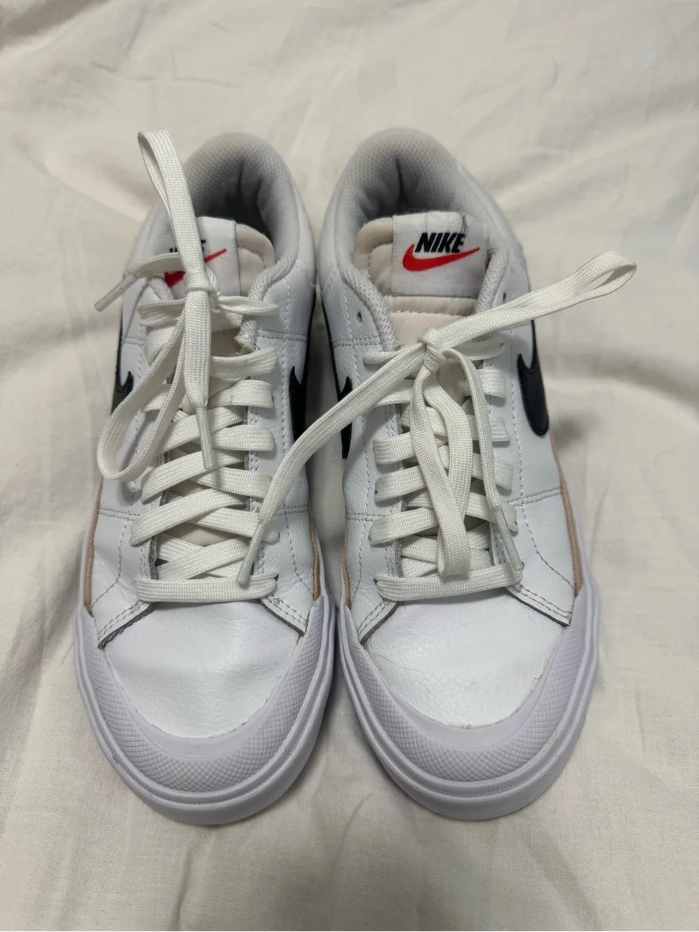 Nike White Leather Platform Sneakers with Black Swoosh and Tan Trim - Picture 3 of 8